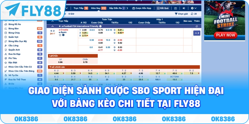 Giao diện sảnh cược SBO Sport hiện đại với bảng kèo chi tiết tại Fly88